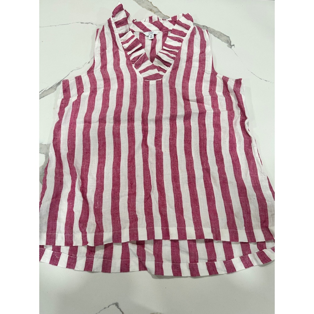 Crown & Ivy Striped Sleeveless Linen Blend Top Ruffle V Neck Casual M